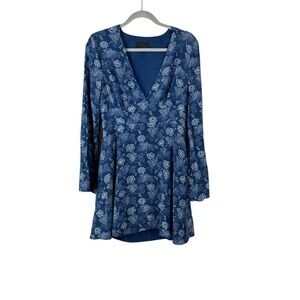 INTERMIX Blue Floral Silk Mini Dress with Open Back Cutout Women’s Size L